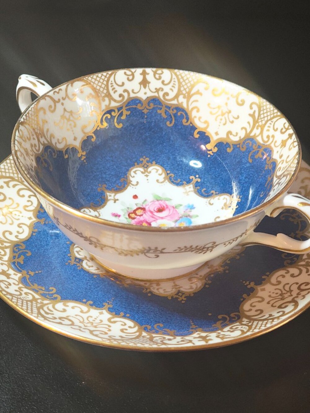 Vintage Crown Staffordshire Soup Cup & Saucer • Cobalt Blue Gold Filigree